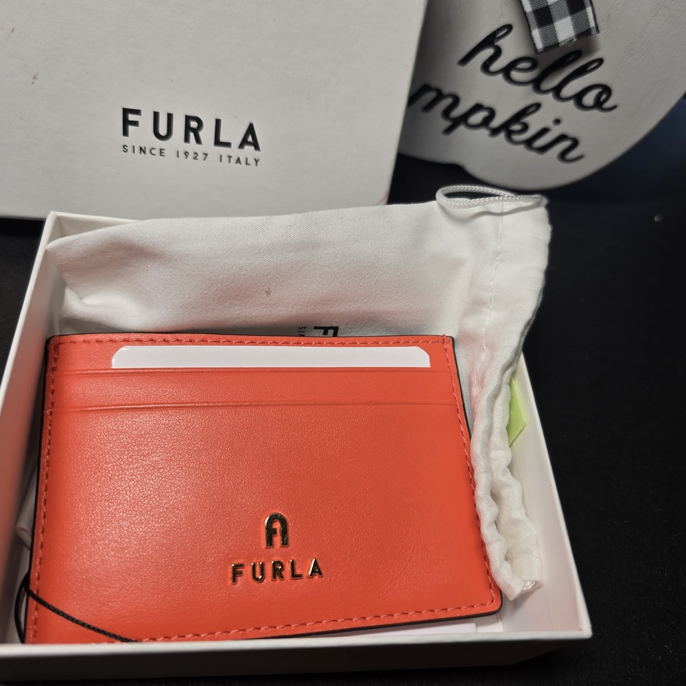 NWT, Dust Bag, Box, Furla Camelia Orange SmallCard Holder, Vitello Roma